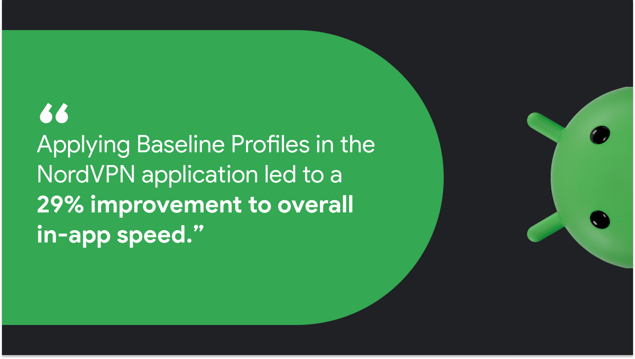 A black Quote card featuring droid on the right side and a green half oval overlay on the left with white text that reads, 'Applying Baseline Profiles in the NordVPN application led to a 29% improvement to overall in-app speed.'