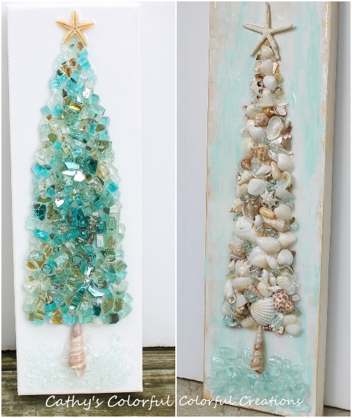 Beach Theme Wall Christmas Trees on Wood Plank