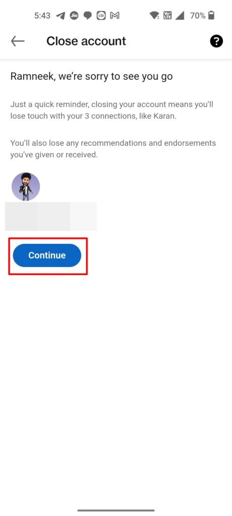 حذف حساب LinkedIn بالهاتف