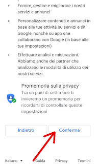 Passaggio 17 - arriviamo al fondo della pagina dei Cookie e clicchiamo su conferma per accettare le impostazioni