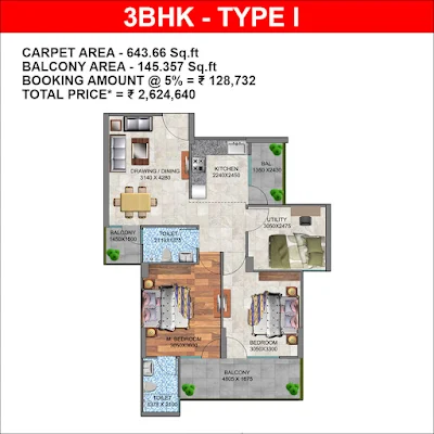 Mahira Homes 104 3BHK Type-1 Floor Plan