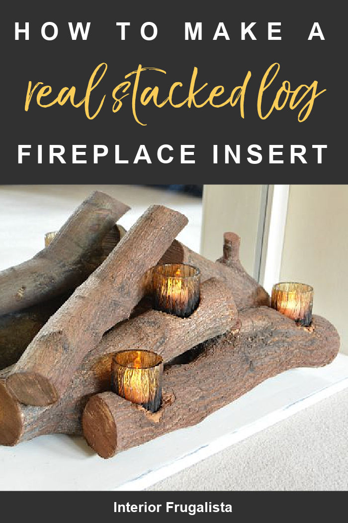 Give a faux fireplace the look of a cozy real fireplace with this real stacked log candle holder DIY fireplace insert, great for a real firebox too! #fireplaceinsertideas #fauxfireplaceinsert #stackedlogsinfireplace