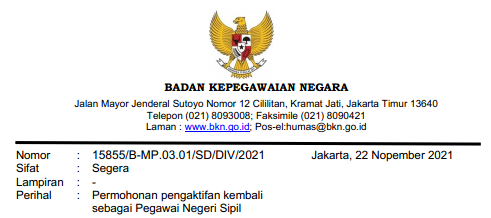 Surat Edaran SE BKN Nomor : 15855-B-MP.03.01-SD-DIV-2021 Tentang Permohonan pengaktifan kembali sebagai PNS