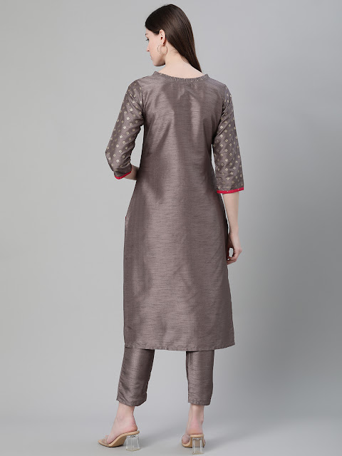 Grey Poly Silk Ethnic Motifs Print Straight Cut Kurti Pant Set