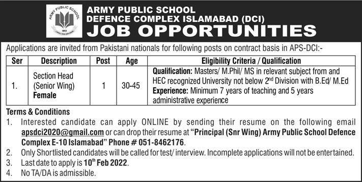 Army Public School APS Jobs 2022 Latest Advertisment