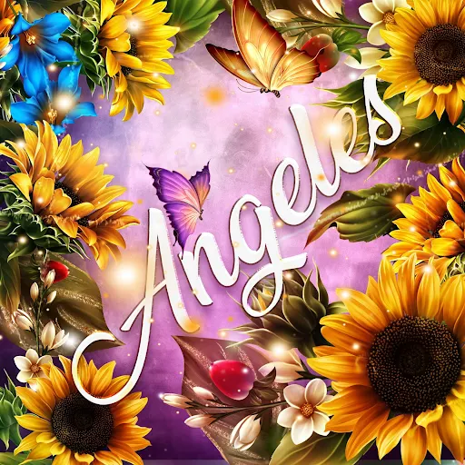 imágen con el nombre angie con fondo de girasoles y mariposas para descargar gratis