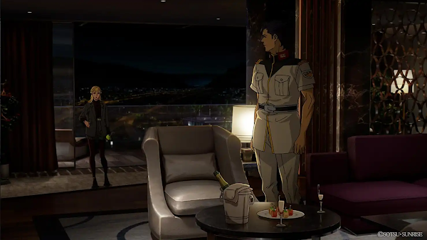 Kenneth Sleg standing while Gigi Andalucia watches the city from a balcony.