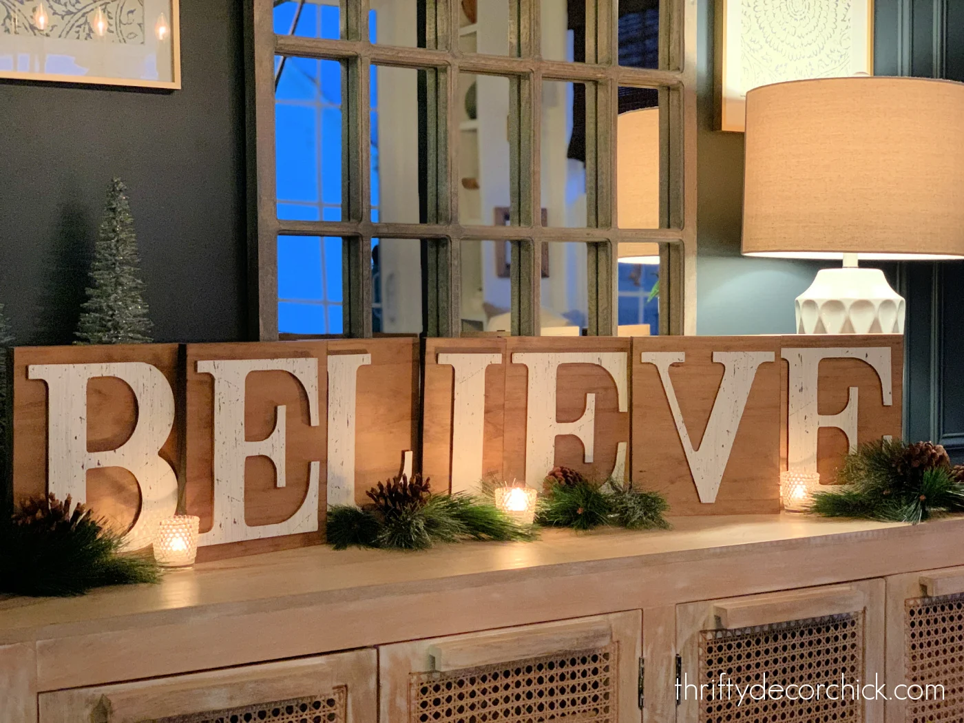 wood stained Believe letter sign