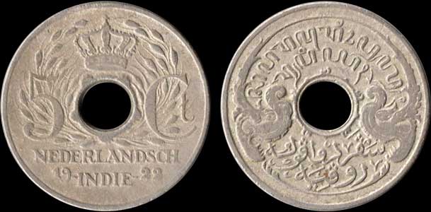 Netherlands Indies Gulden Coin KM-313 Wilhelmina 5 cents 1922