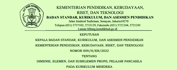 Keputusan Kepala BSKAP Nomor 009/H/KR/2022 Tentang Dimensi, Elemen, Dan Subelemen Profil Pelajar Pancasila Pada Kurikulum Merdeka