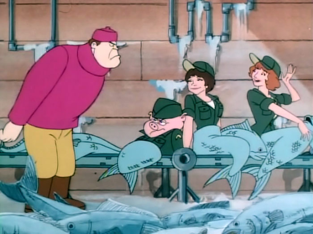 Laverne, Shirley and Sgt. Squeally posing as mermaids to get out of trouble.