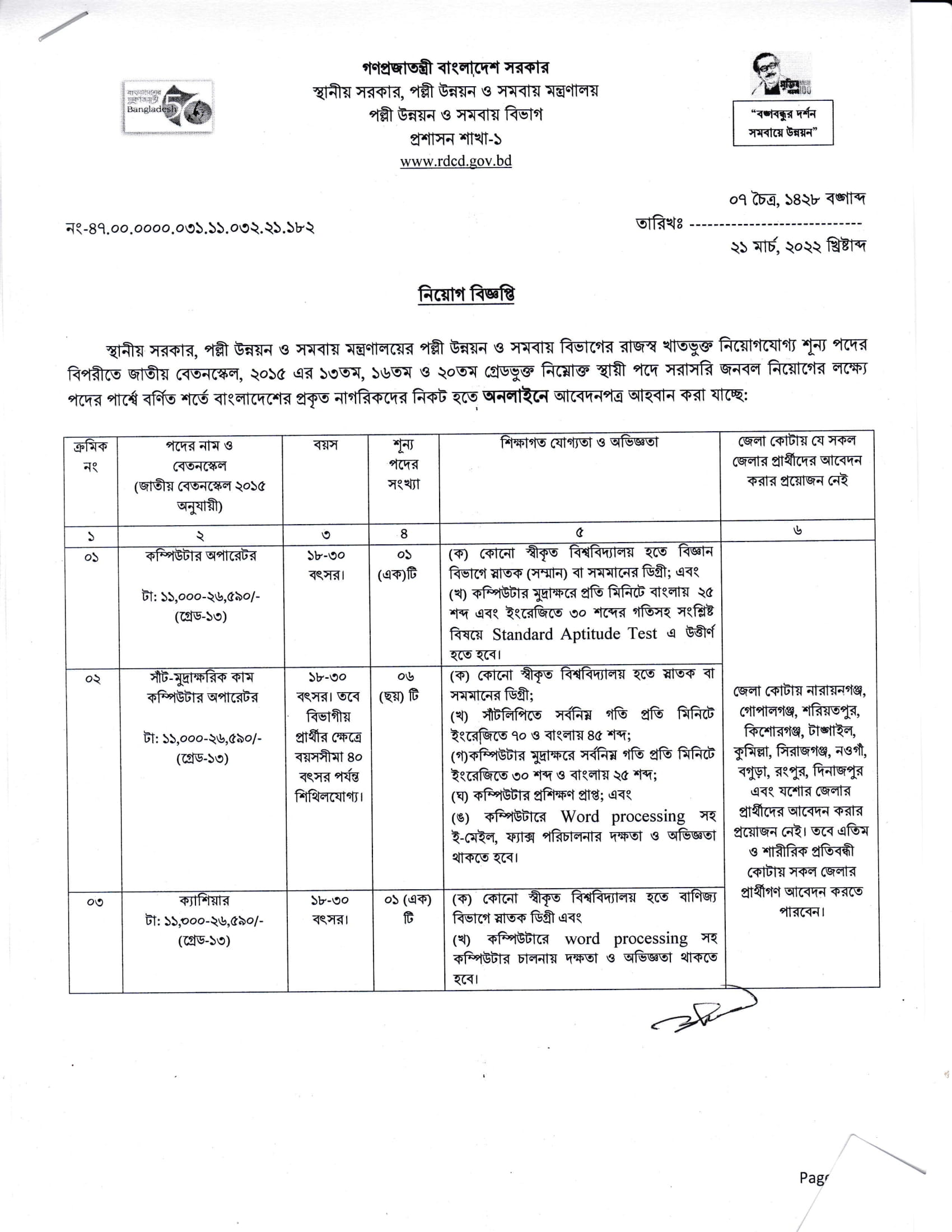 পল্লী উন্নয়ন ও সমবায় বিভাগ নিয়োগ বিজ্ঞপ্তি RDCD Job Circular 2022 1