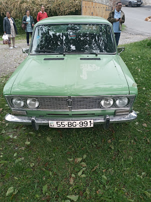 Vintage Soviet era Lada car with cat sitting on drivers seat inside this locked car.