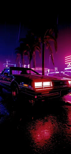 A neon-lit retro futuristic car parked under palm trees, invoking a synthwave dream, serves as a dynamic iPhone wallpaper for a night drive vibe.