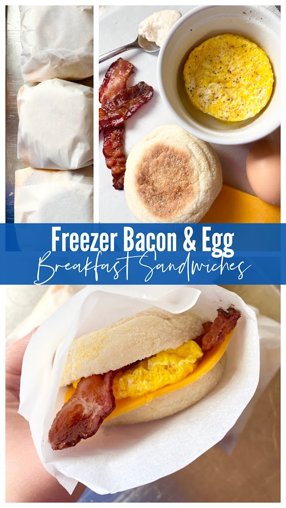 Photo collage of freezer breakfast sandwiches on a sheet pan