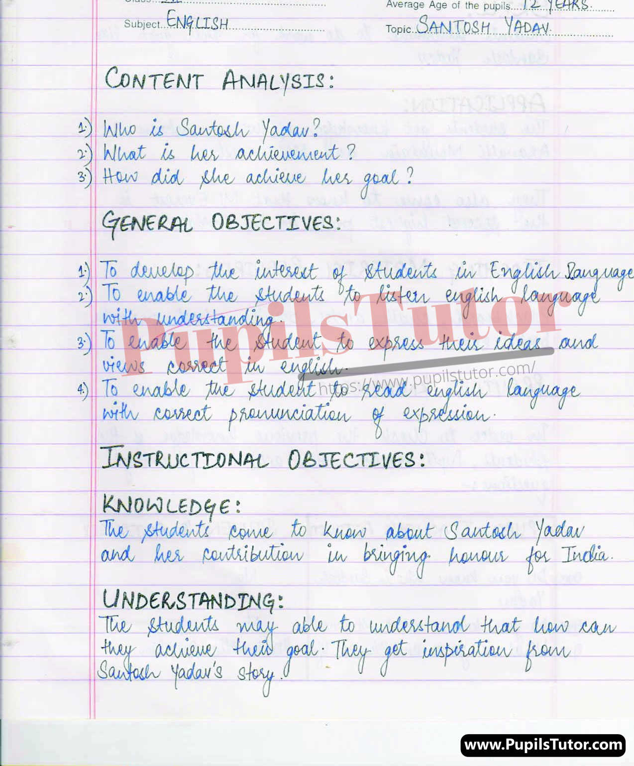 Santosh Yadav Lesson Plan – (Page And Image Number 1) – Pupils Tutor