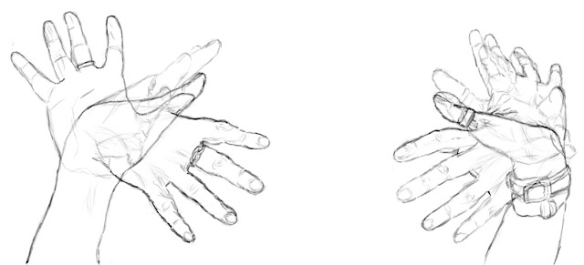 Digital sketch of a pair of hands and a small amount of forearm. There are three sets of overlapping outlines with spread fingers - one with fingers pointing up and somewhat back, one with fingers slanting downward, one, fainter, somewhere between those two positions. The fingers are somewhat lined and wearing rings on middle finger (left hand) and thumb (right hand), with a double band of some kind, complete with buckles, just below the wrist of the right.