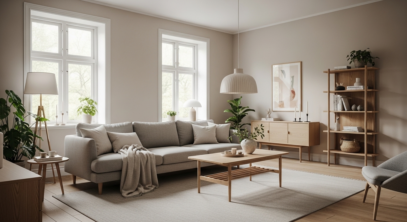 Skandinavisk Hygge stue, minimalistisk og varm, med et blødt tæppe og naturligt lys