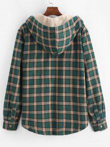 Fuzzy Flannel Plaid Chest Pocket Fleece Drawstring Hooded Jacket
