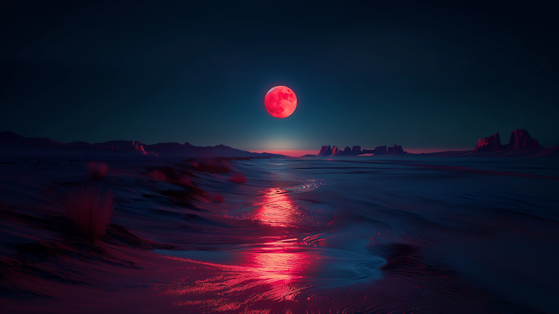 A breathtaking 4K wallpaper depicting a serene night landscape illuminated by the enigmatic crimson light of a full moon, with its reflection creating a shimmering path across a tranquil water surface.