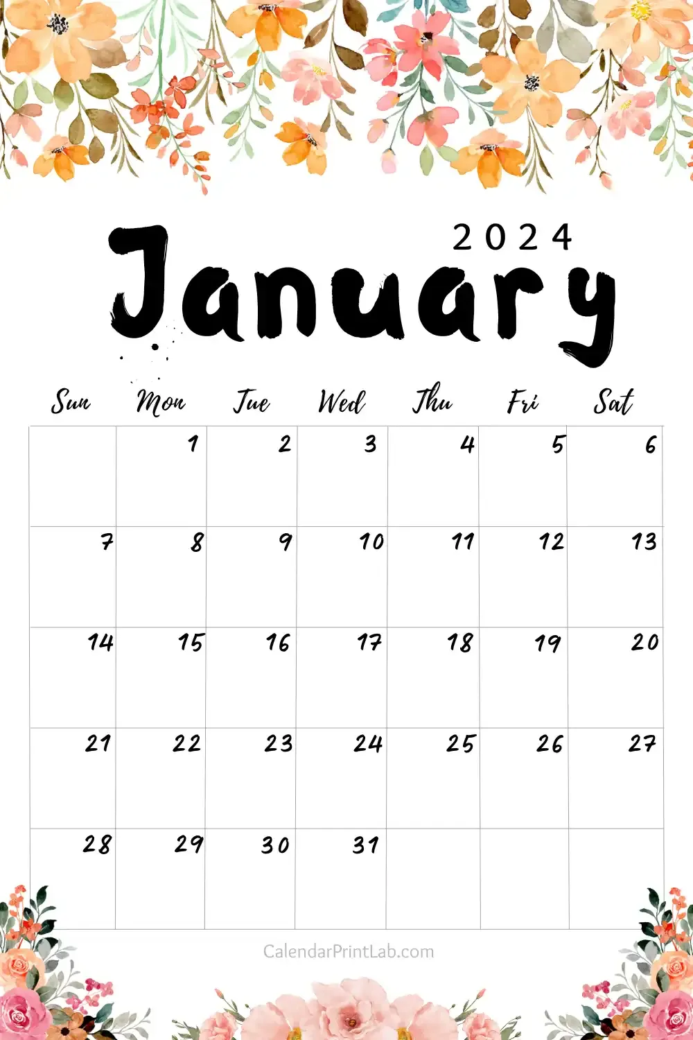 January 2024 Calendar Floral Design
