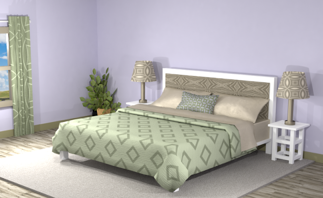 French Lilac (#C8C4DA) Split Complementary Room with Patterns