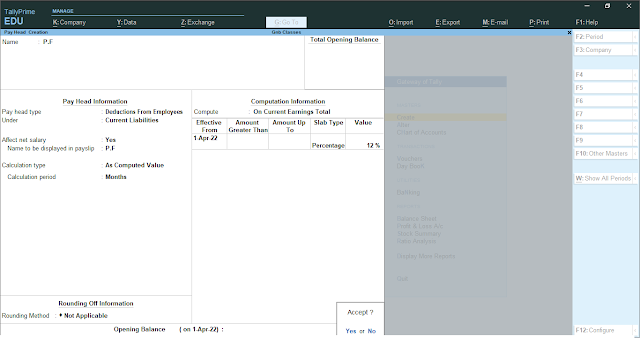 (Provident Fund) payhead create in tally pirme