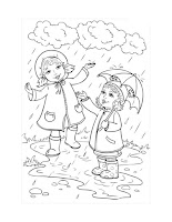 Girls playing in the rain coloring page