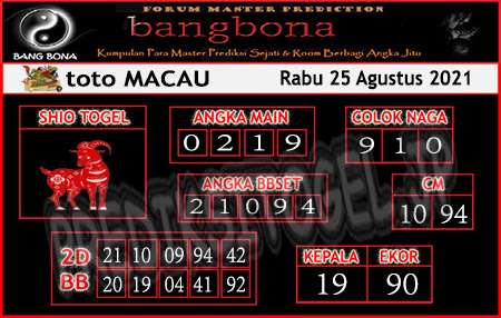 Prediksi Bangbona Toto Macau Rabu 25 Agustus 2021