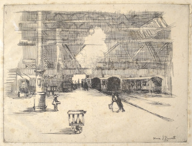 Copper plate etching of a station platform, perhaps inspired by Waverley, "Station platform," by Winnie S. Burnett in 1910.