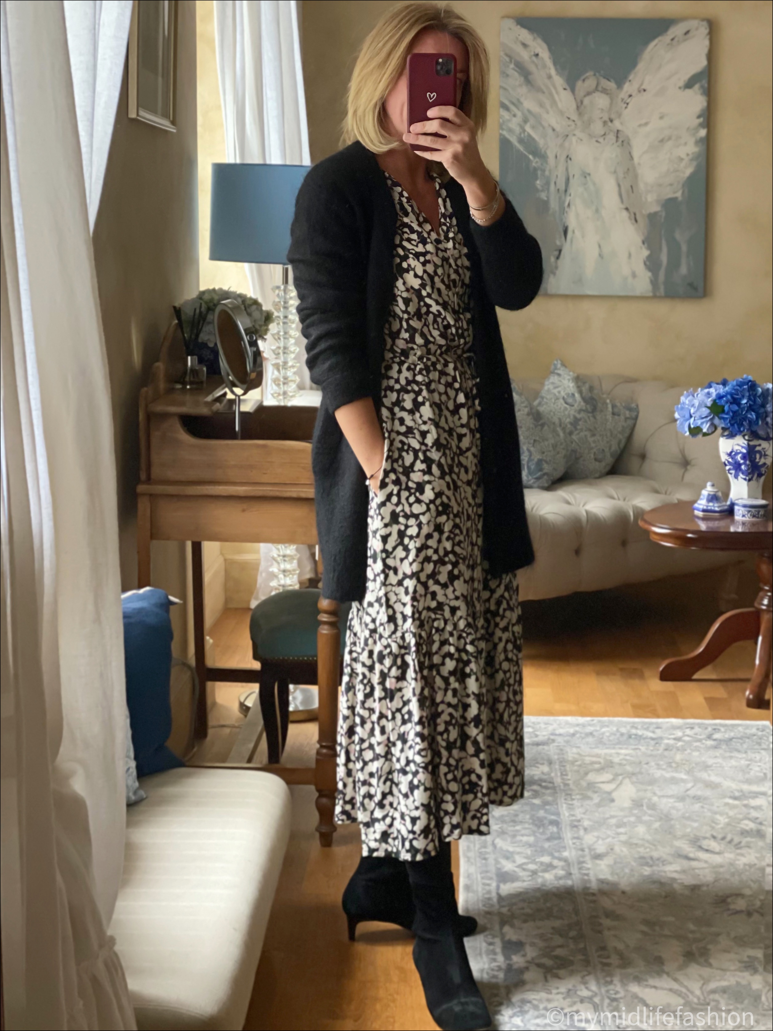 my midlife fashion, acne studios raya cardigan, baukjen Ishya fsc viscose dress, Isabel Marant goat ankle boots