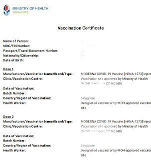 Singapore Vaccination certificate with passport number for international travel