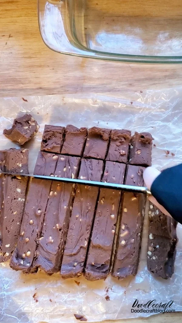 Step 5: Cut Finally lift out the wax paper and fudge and use a large knife to cut the fudge into small bite-sized pieces.