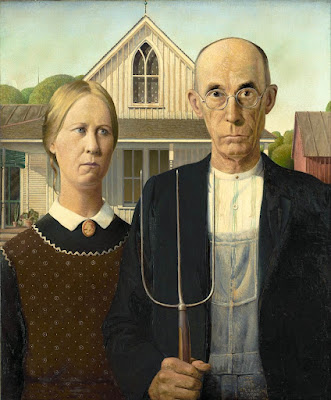 American Gothic by Grant Wood circa 1930, most famous painting in United States of America, depiction of a farmer family.