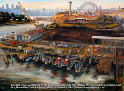 Plein air oil painting of Manly ferry MV Baragoola at Pyrmont Point painted by maritime heritage artist Jane Bennett