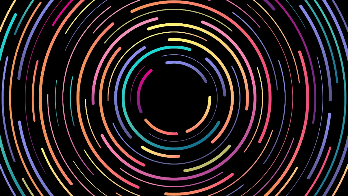 Abstract 4K wallpaper featuring a dynamic array of multi-colored concentric circles creating a mesmerizing vortex on a black background