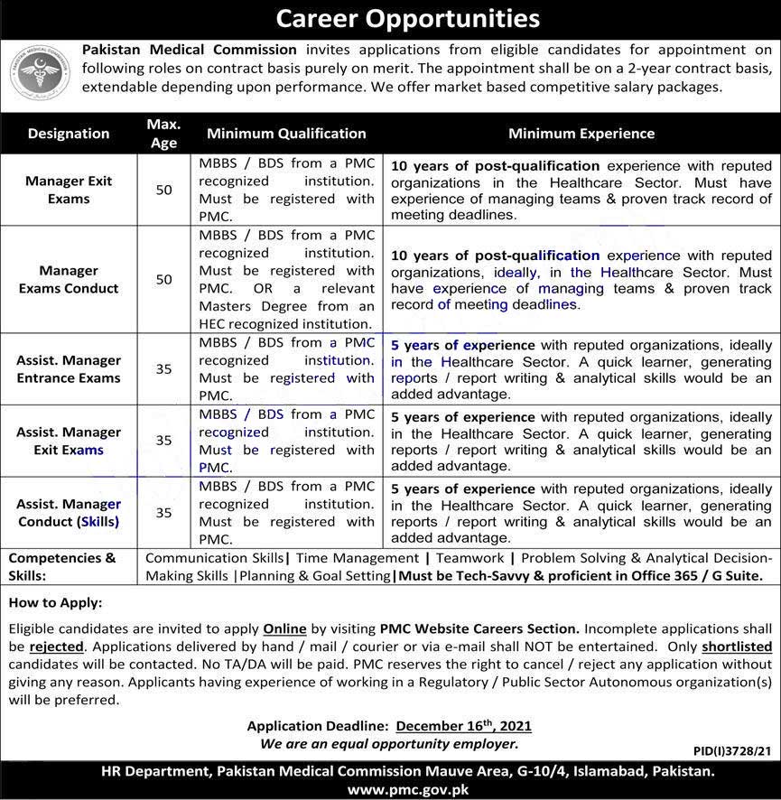 Pakistan Medical Commission PMC Jobs 2021 Advertisement Application Form