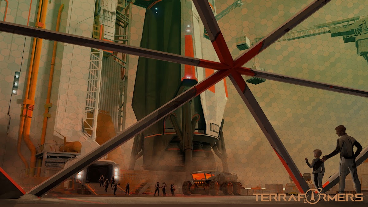 New settlers arriving on Mars (concept art by Alexandra Hodgson for Terraformers game)