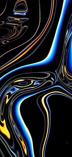 A high-definition AMOLED wallpaper with a fluid abstract design resembling liquid gold, silver, and blue swirling patterns on a black background, perfect for adding a luxurious and dynamic look to your mobile device screen.