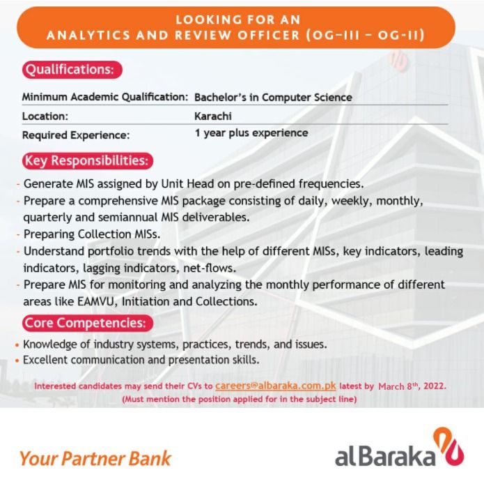 Al Baraka Bank (Pakistan) Limited Jobs Analytics and Review Officer