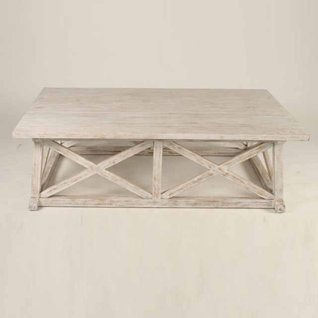 Whitewashed wood coffee table.;White Washed Wood Coffee Table
