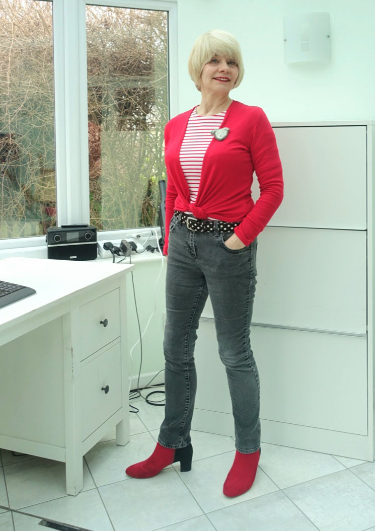 A cheery red for over 50s blogger Gail Hanlon from Is This Mutton. Cherry red wrap and striped Breton top with polka dot belt from Kettlewell Colours