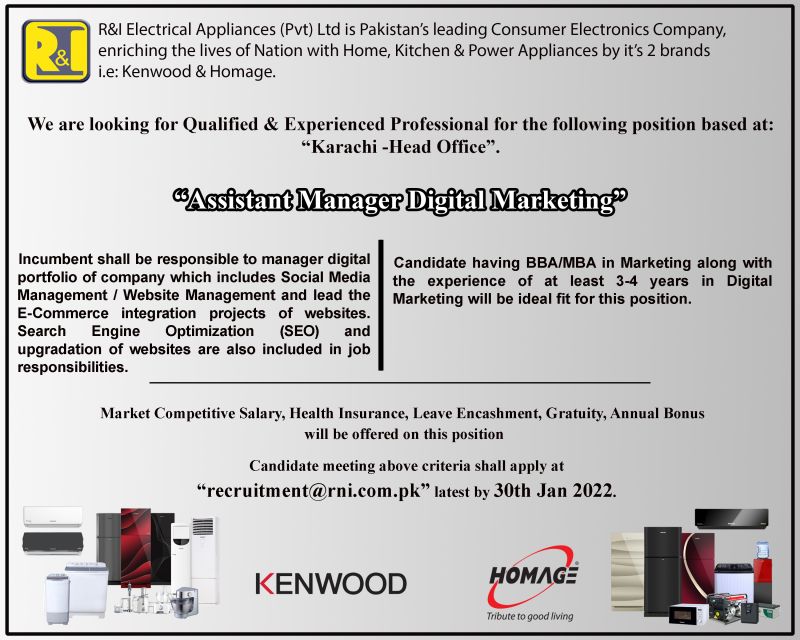 R&I Electrical Appliances Pvt Ltd Jobs January 2022