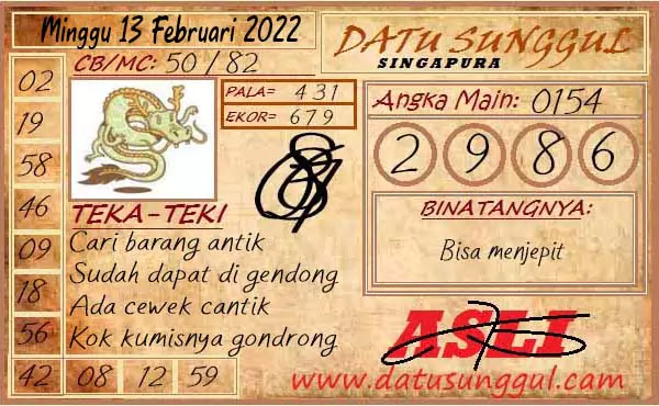 Prediksi Datu Sunggul Singapura Minggu 13 Februari 2022