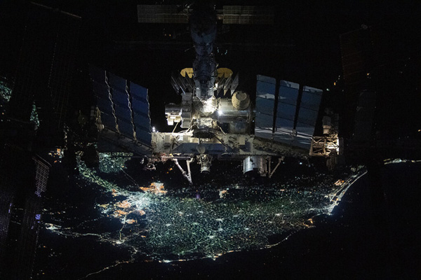 An image of the International Space Station soaring high above Egypt's Nile Delta...as seen by European Space Agency astronaut Thomas Pesquet aboard SpaceX's Crew Dragon Endeavour capsule on November 8, 2021.