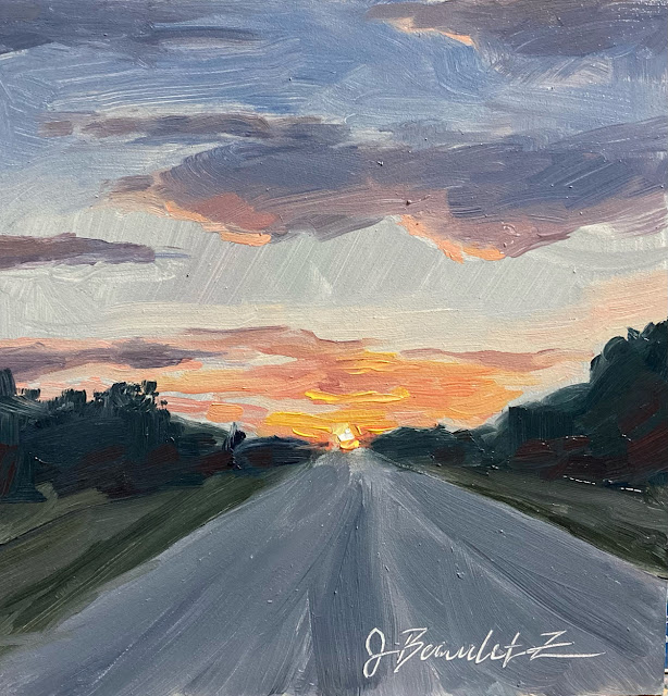 sunset oil painting of Florida road by Jen Beaudet of Laguna California