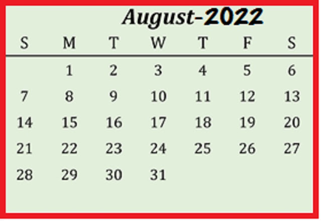 Calendar August 2022 with US Holidays