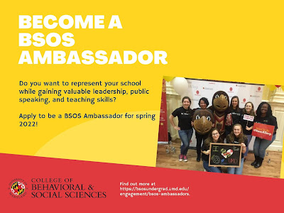 A yellow graphic that says "Become a BSOS Ambassador" and includes a picture of smiling students with a "I love UMD" sign.