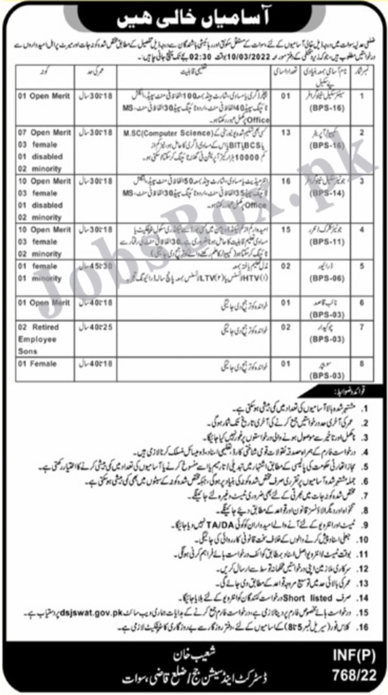 District and Session Courts Swat jobs 2022