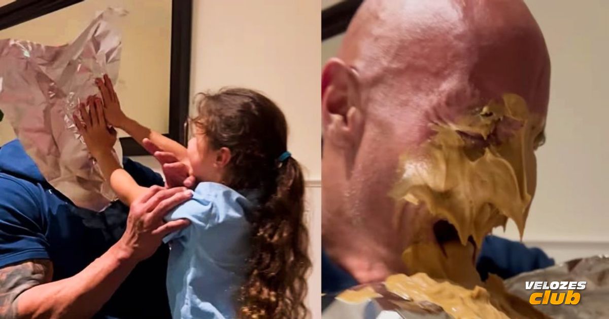The Rock fazendo uma brincadeira com a filha, com o rosto sujo de pasta de amendoim - Velozes Club